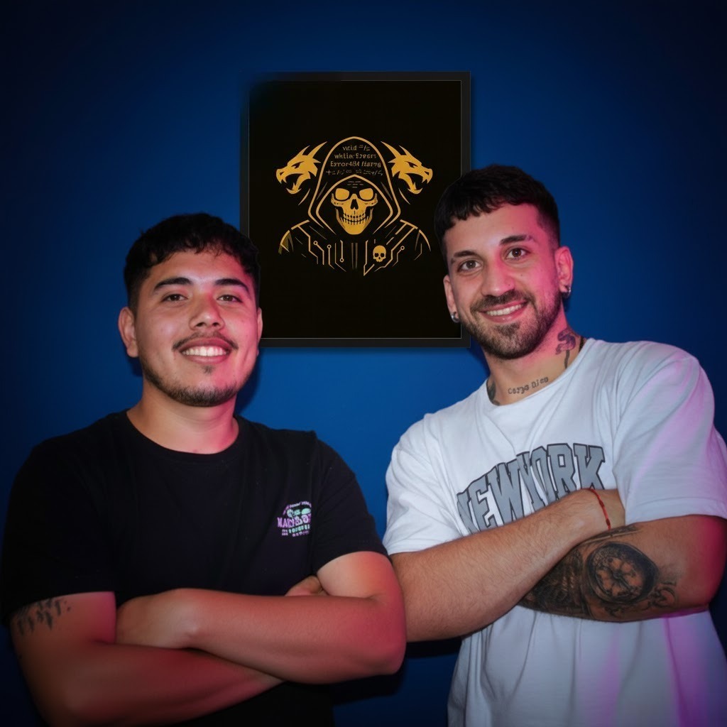 Javier Stella y Leo Nieva — los fundadores de GrimHydra.dev frente al logo del proyecto